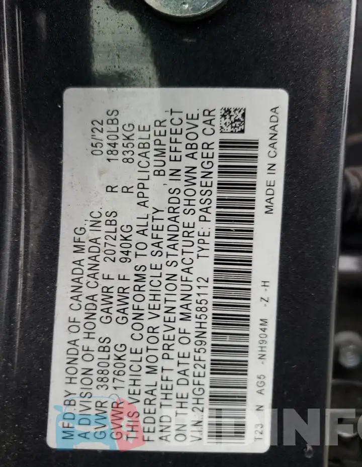 2HGFE2F59NH585112 Photo# 13