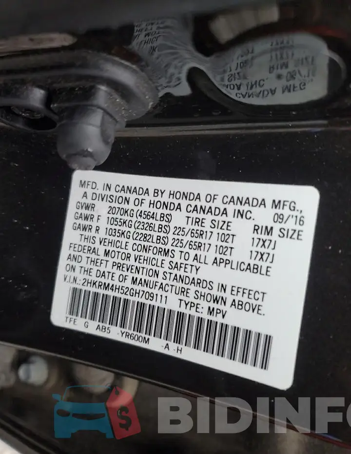2HKRM4H52GH709111 Photo# 12