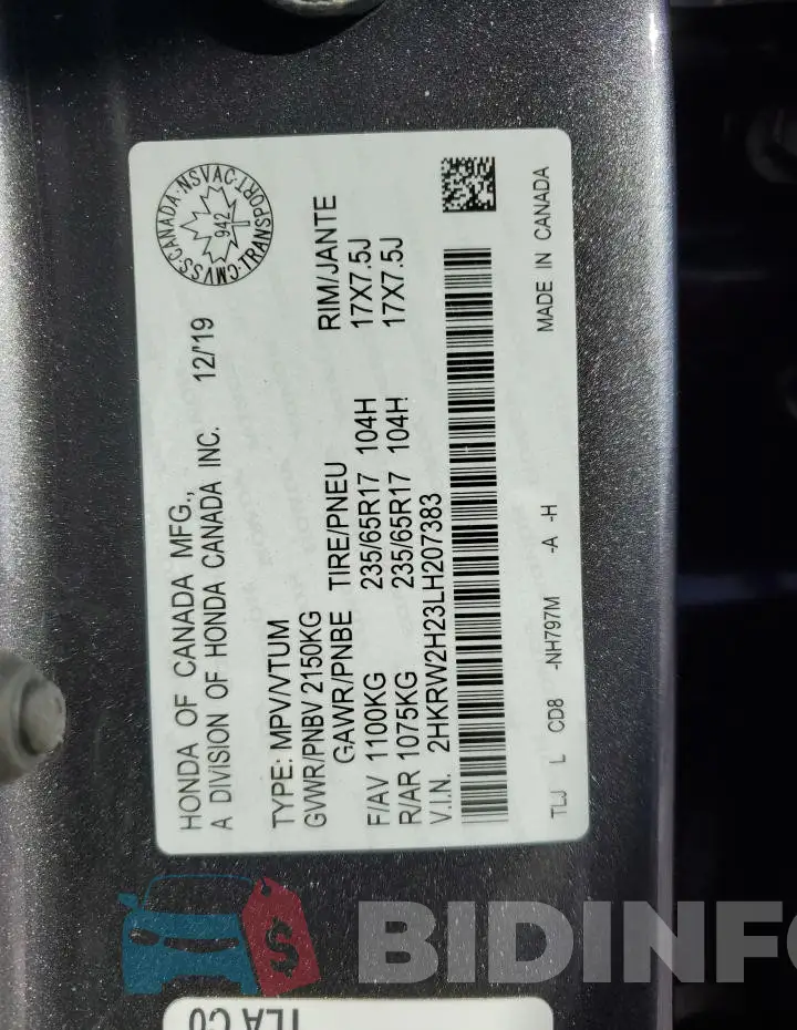 2HKRW2H23LH207383 Photo# 14