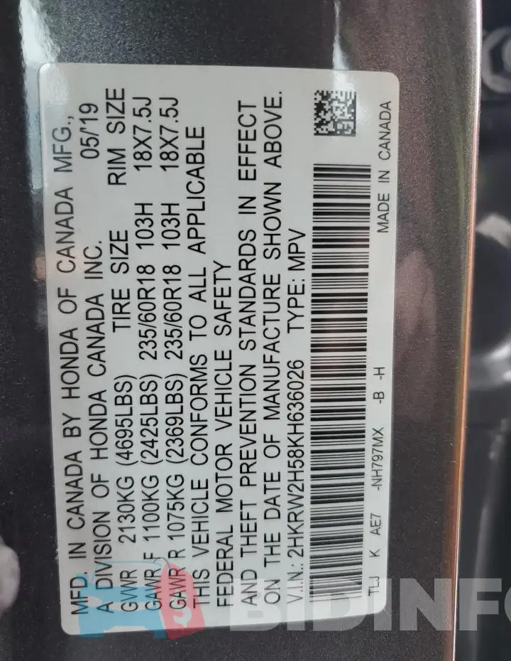 2HKRW2H58KH636026 Photo# 13