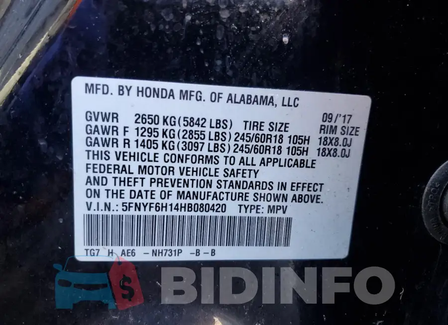 5FNYF6H14HB080420 Photo# 13