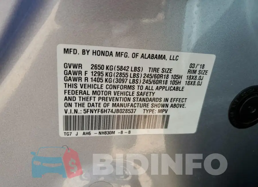 5FNYF6H74JB028537 Photo# 13