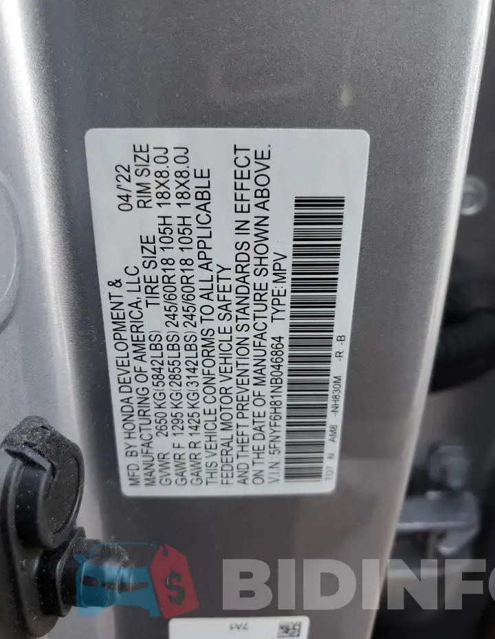 5FNYF6H81NB046864 Photo# 13