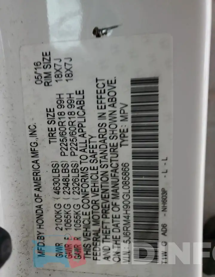 5J6RM4H90GL085866 Photo# 13