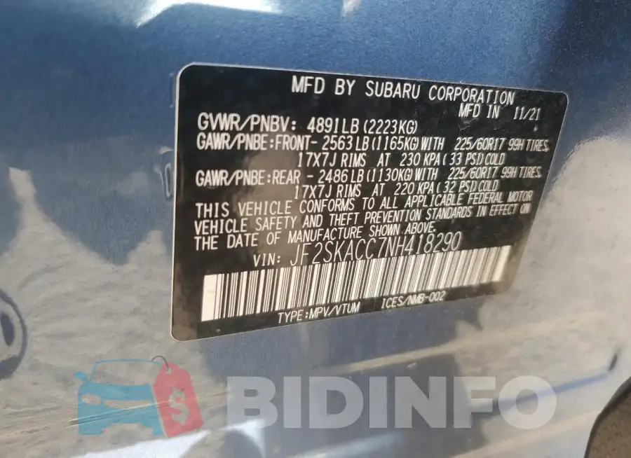 JF2SKACC7NH418290 Photo# 14