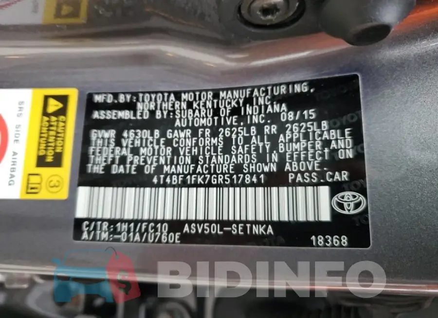 4T4BF1FK7GR517841 Photo# 13