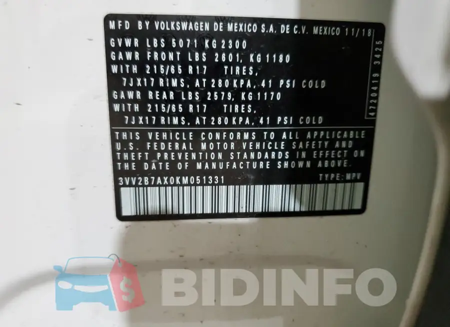 3VV2B7AX0KM051331 Photo# 14
