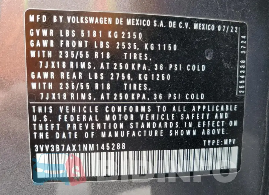 3VV3B7AX1NM145288 Photo# 14
