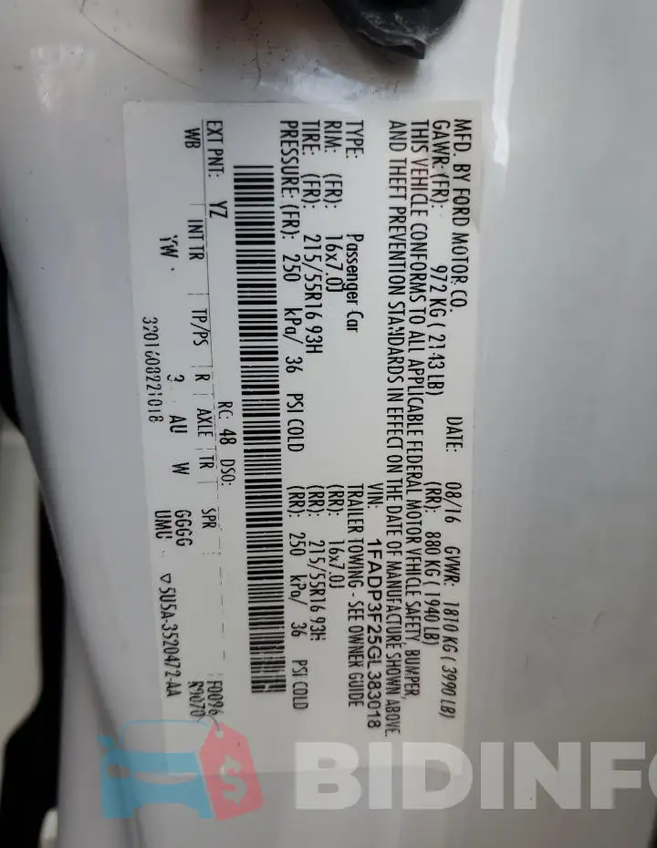 1FADP3F25GL383018 Photo# 12