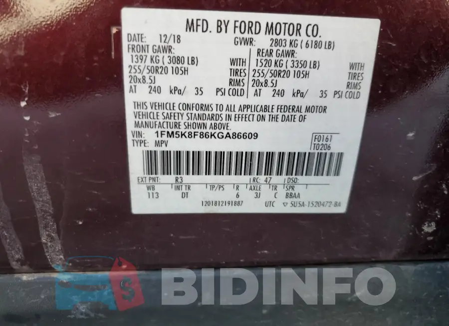 1FM5K8F86KGA86609 Photo# 13