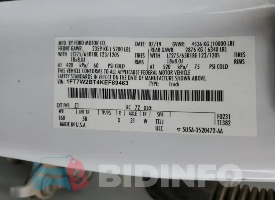 1FT7W2BT4KEF89463 Photo# 12