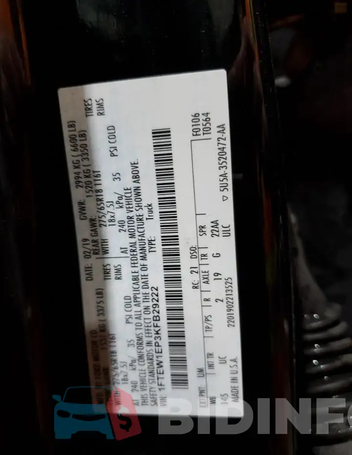1FTEW1EP3KFB29222 Photo# 13