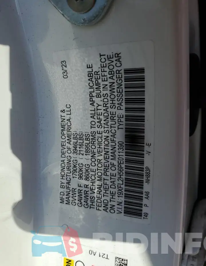 19XFL2H56PE011390 Photo# 12
