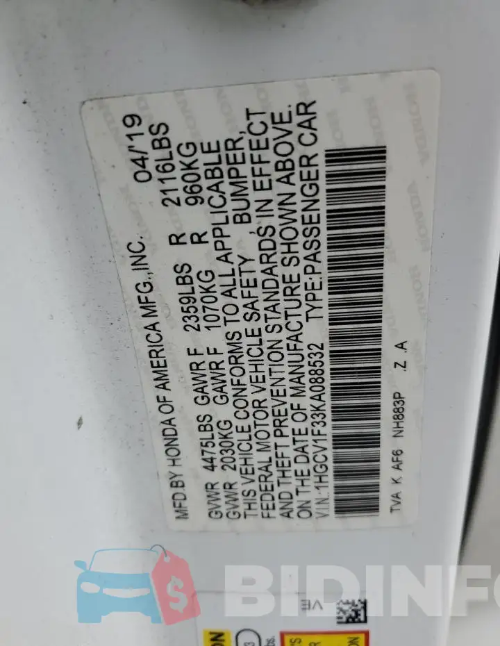 1HGCV1F33KA088532 Photo# 13