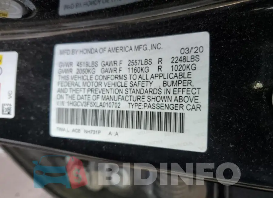 1HGCV3F5XLA010702 Photo# 12