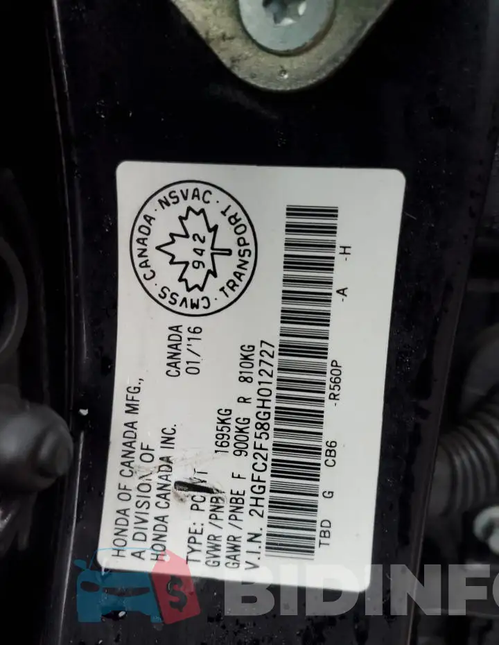 2HGFC2F58GH012727 Photo# 13
