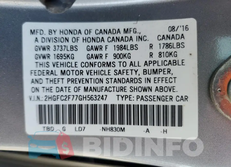 2HGFC2F77GH563247 Photo# 12