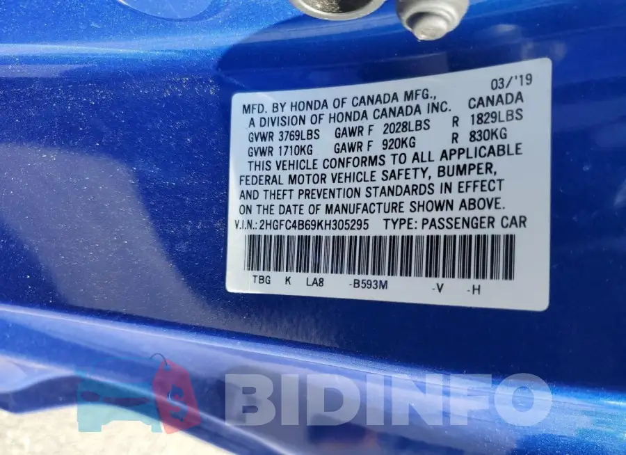 2HGFC4B69KH305295 Photo# 12