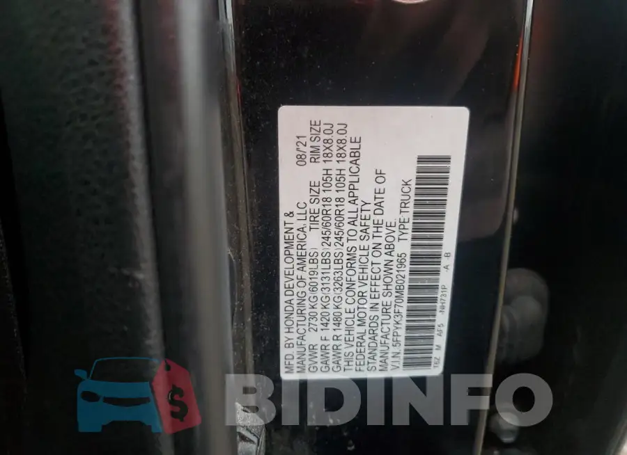 5FPYK3F70MB021965 Photo# 13