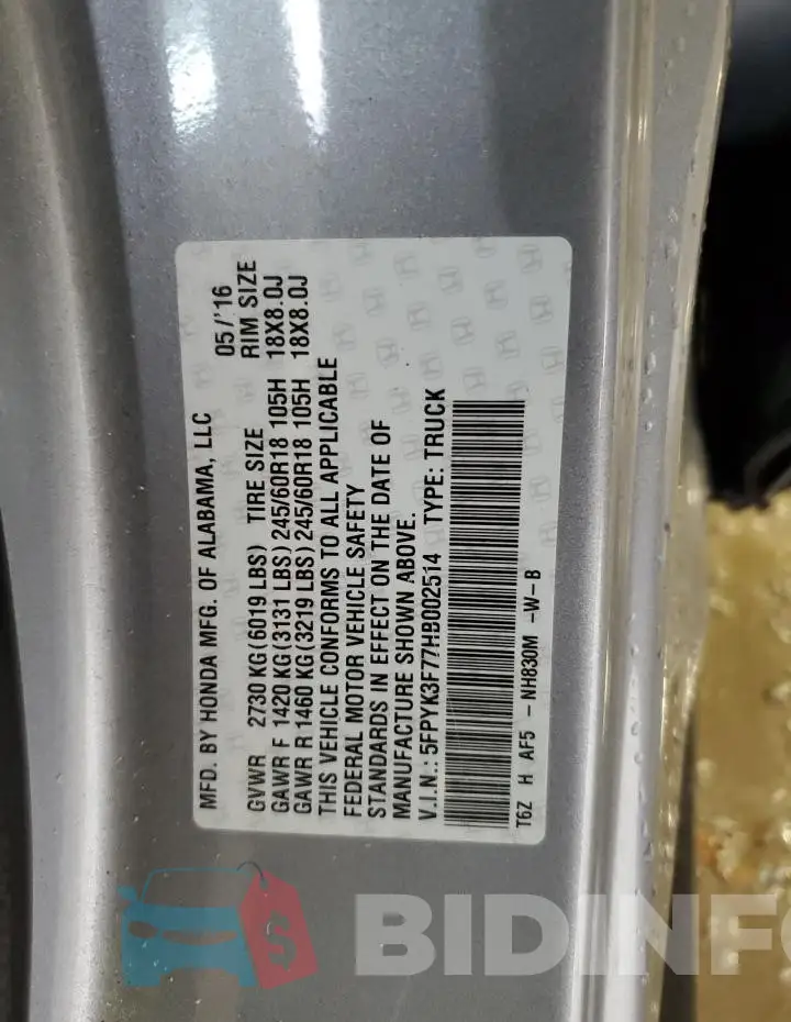 5FPYK3F77HB002514 Photo# 12