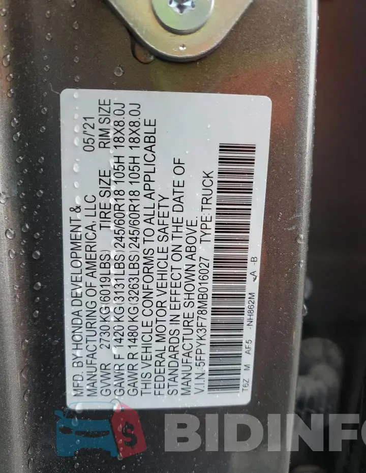 5FPYK3F78MB016027 Photo# 12