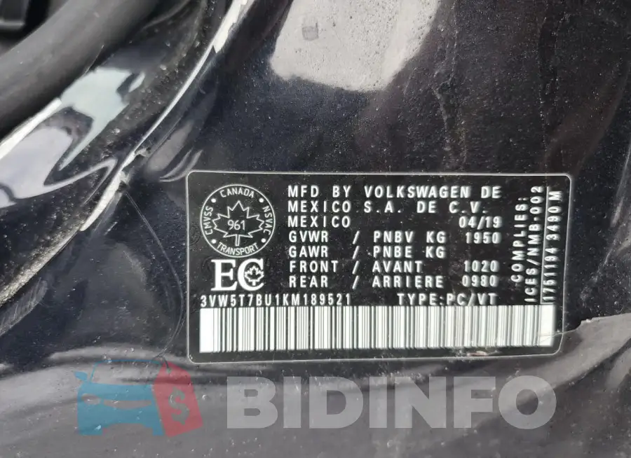 3VW5T7BU1KM189521 Photo# 12