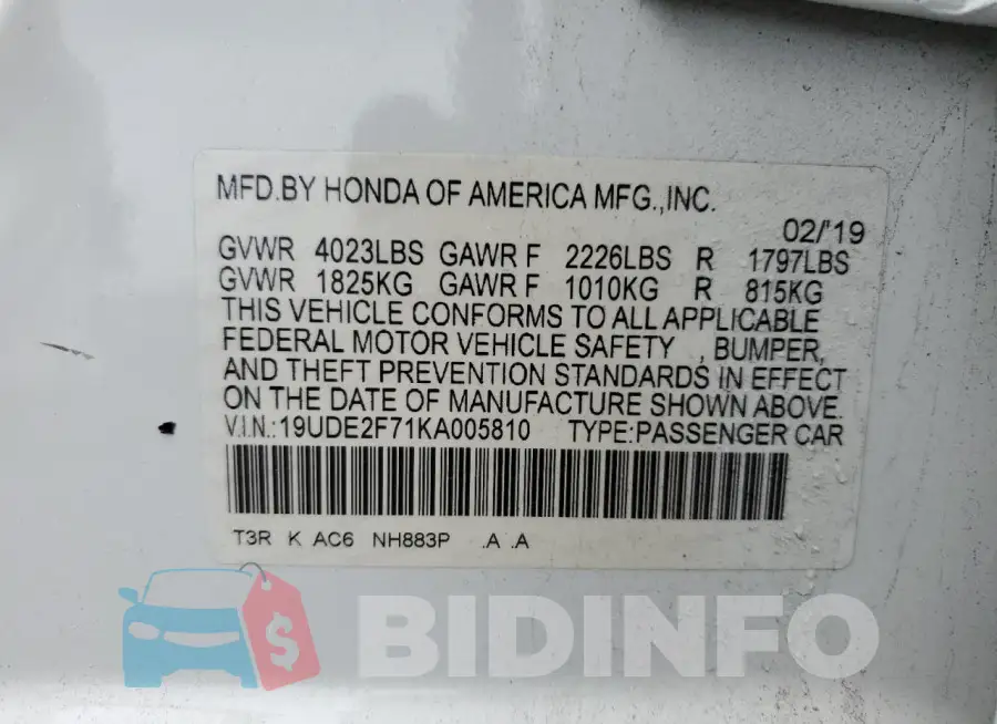 19UDE2F71KA005810 Photo# 13