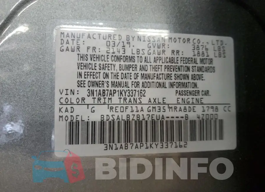 3N1AB7AP1KY337162 Photo# 12