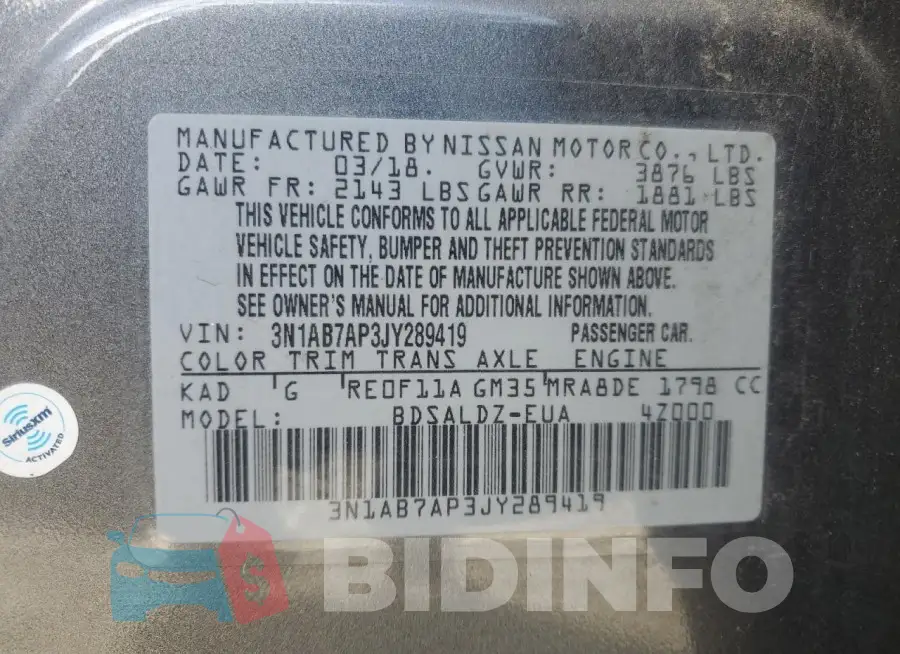 3N1AB7AP3JY289419 Photo# 12