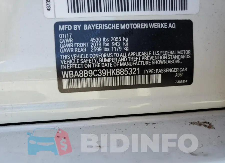 WBA8B9C39HK885321 Photo# 12