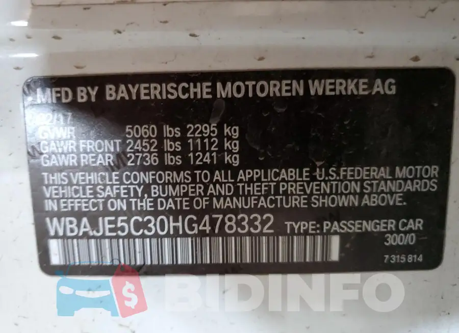 WBAJE5C30HG478332 Photo# 12