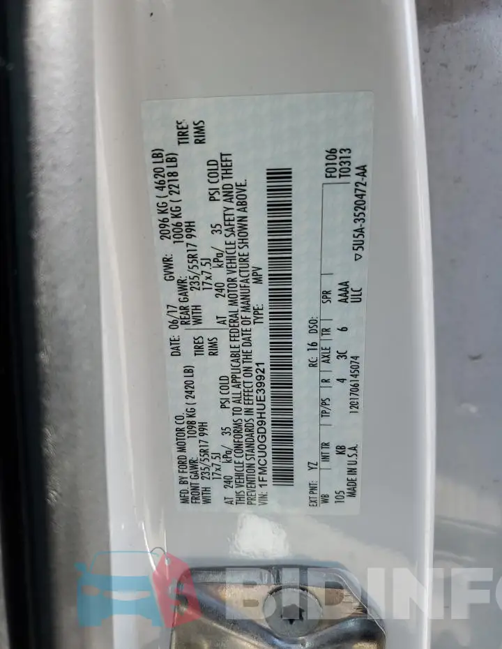 1FMCU0GD9HUE39921 Photo# 13