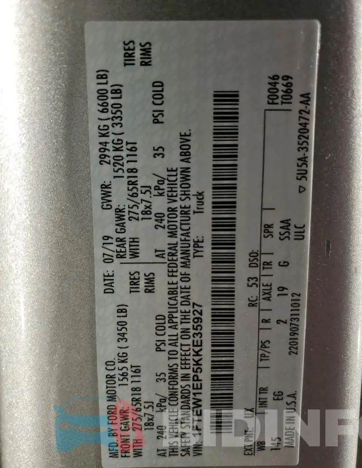 1FTEW1EP5KKE35927 Photo# 12