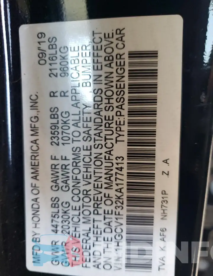 1HGCV1F32KA177413 Photo# 12