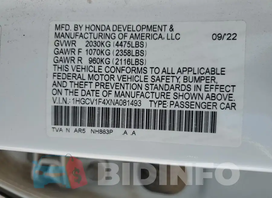 1HGCV1F4XNA081493 Photo# 12