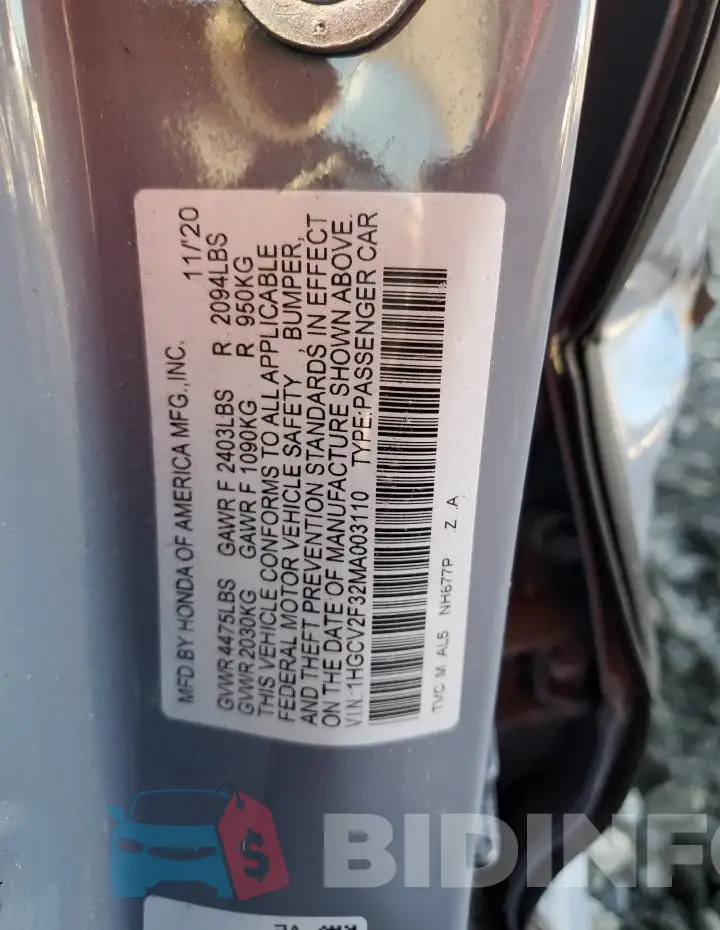 1HGCV2F32MA003110 Photo# 13