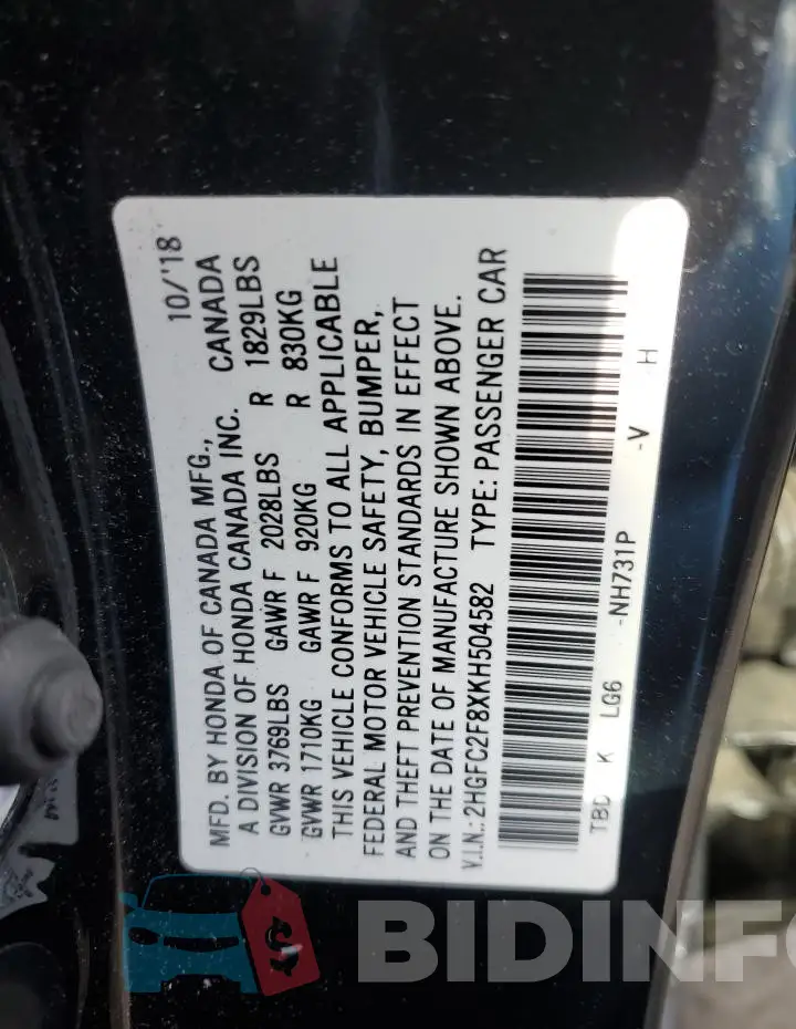 2HGFC2F8XKH504582 Photo# 13