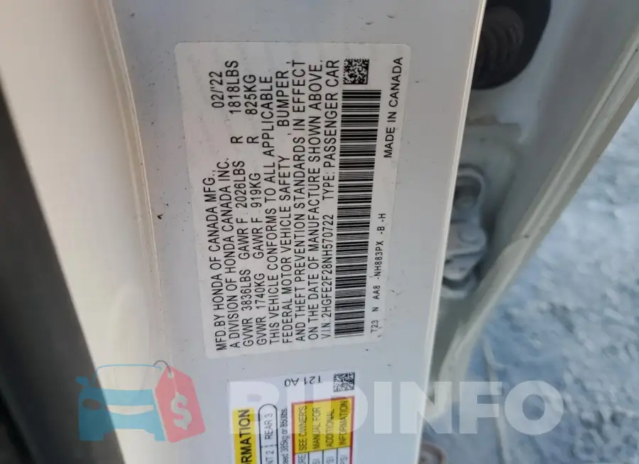 2HGFE2F28NH570722 Photo# 12