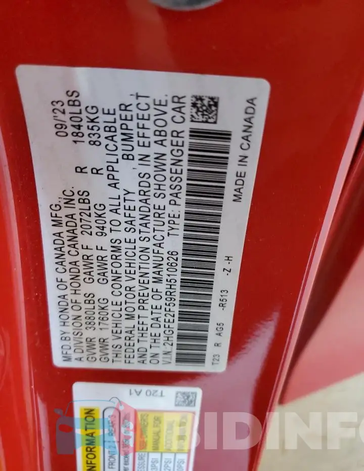 2HGFE2F59RH510626 Photo# 12