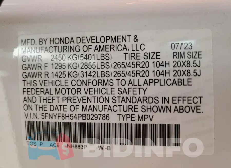 5FNYF8H54PB029786 Photo# 13
