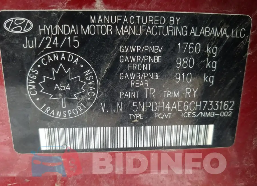 5NPDH4AE6GH733162 Photo# 12
