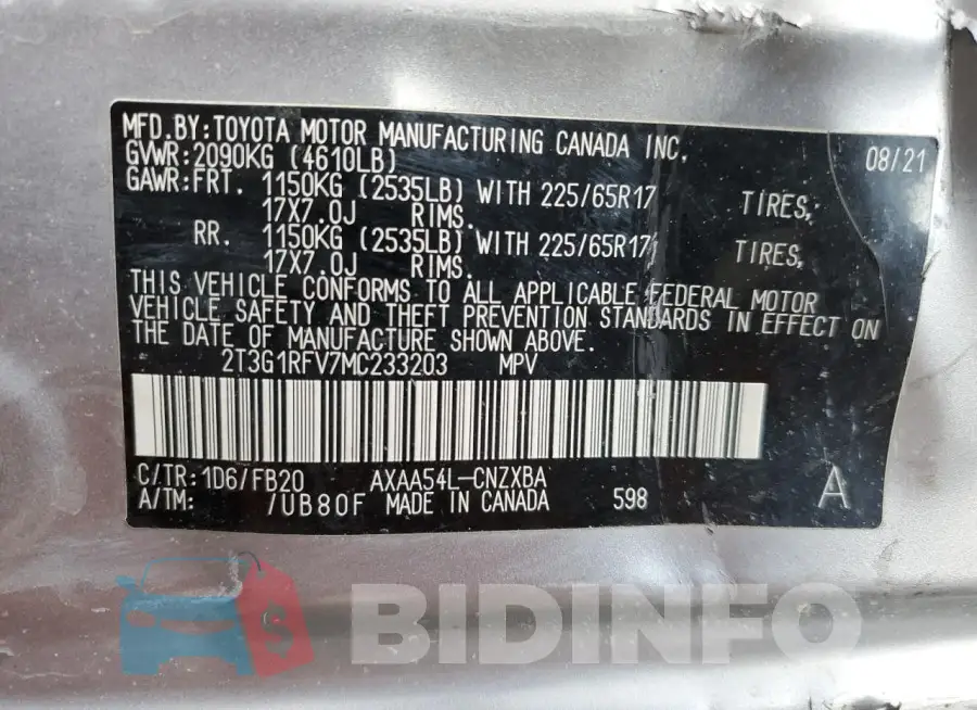 2T3G1RFV7MC233203 Photo# 13