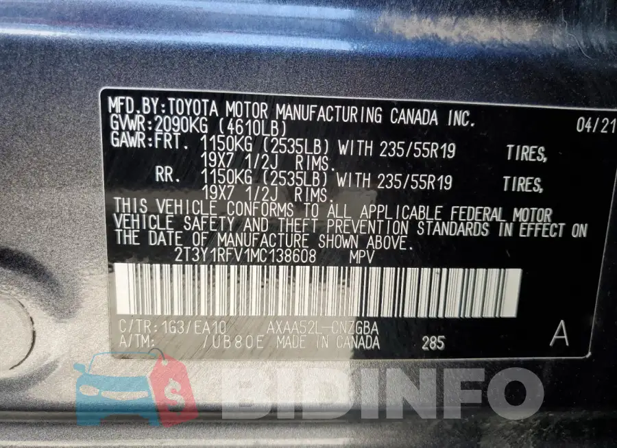 2T3Y1RFV1MC138608 Photo# 13