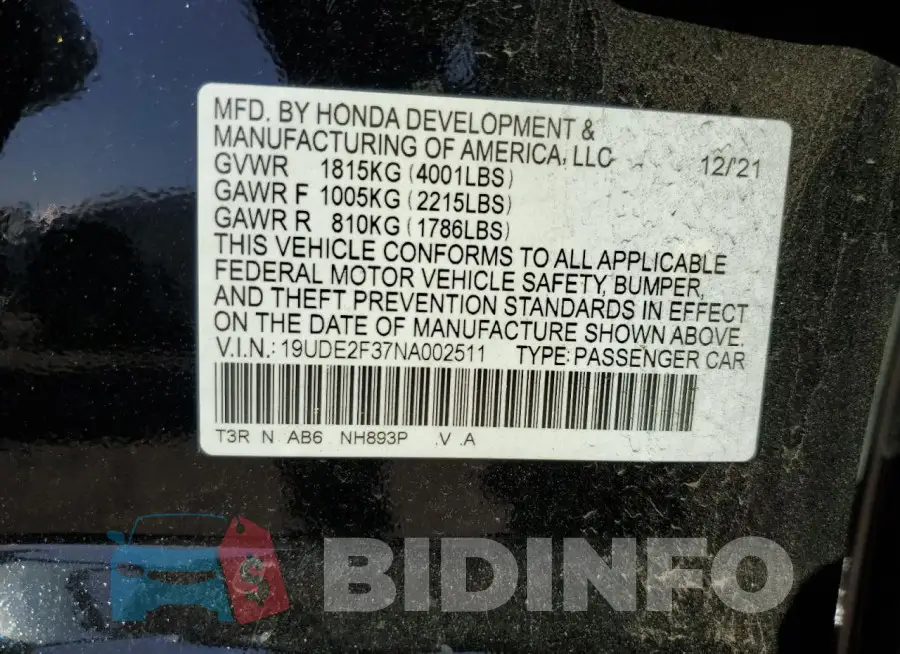 19UDE2F37NA002511 Photo# 12