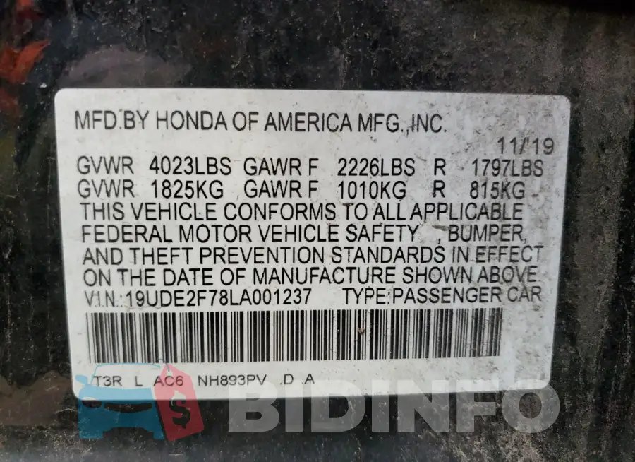 19UDE2F78LA001237 Photo# 13