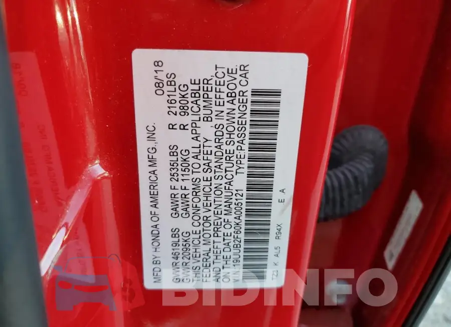 19UUB2F60KA005121 Photo# 13