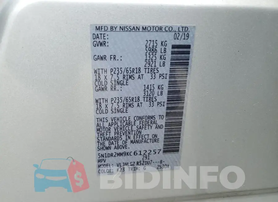 5N1DR2MM9KC612257 Photo# 13