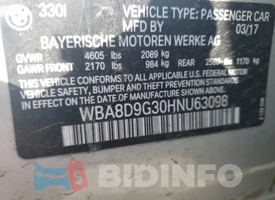 WBA8D9G30HNU63098 Photo# 13
