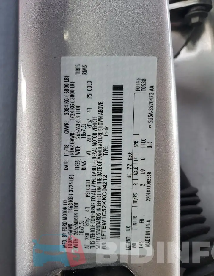 1FTEW1C52KKC04212 Photo# 12