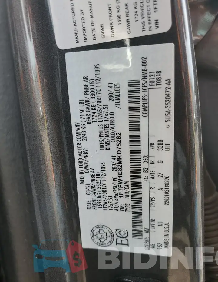 1FTFW1E82MKD75282 Photo# 12
